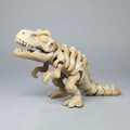 3D-printed dinosaur skeleton on a blue platform with a 3D printer in the background